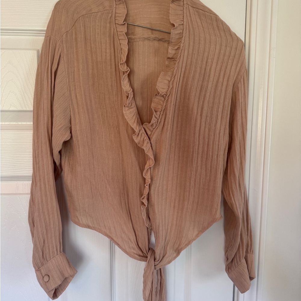 Zara Ruffled Tie-Front Blouse in Tan